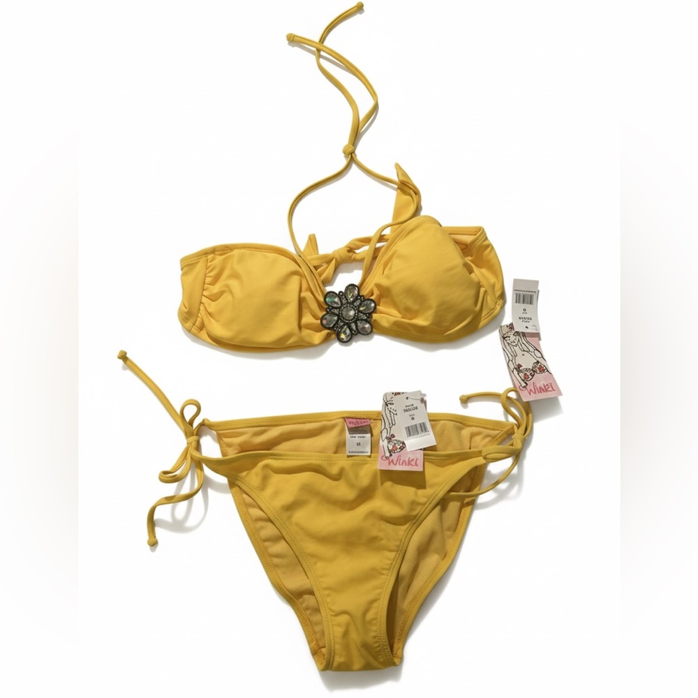 🔥 RARE Winki Marigold Yellow crystal flower embellishment Bikini Set - NWT